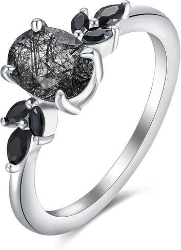 Natural Gemstone Engagement Ring for Women 925 Sterling Silver Moss Agate/Black Rutilated Quartz Art Deco Bridal Wedding Promise Ring for Her Size 4-9 in Saudi Arabia