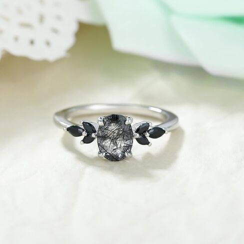 Natural Gemstone Engagement Ring for Women 925 Sterling Silver Moss Agate/Black Rutilated Quartz Art Deco Bridal Wedding Promise Ring for Her Size 4-9 in Saudi Arabia