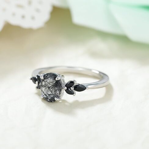 Natural Gemstone Engagement Ring for Women 925 Sterling Silver Moss Agate/Black Rutilated Quartz Art Deco Bridal Wedding Promise Ring for Her Size 4-9 in Saudi Arabia