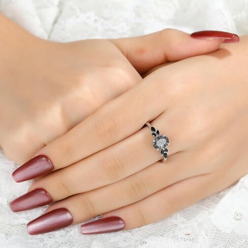 Natural Gemstone Engagement Ring for Women 925 Sterling Silver Moss Agate/Black Rutilated Quartz Art Deco Bridal Wedding Promise Ring for Her Size 4-9 in Saudi Arabia