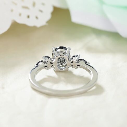 Natural Gemstone Engagement Ring for Women 925 Sterling Silver Moss Agate/Black Rutilated Quartz Art Deco Bridal Wedding Promise Ring for Her Size 4-9 in Saudi Arabia