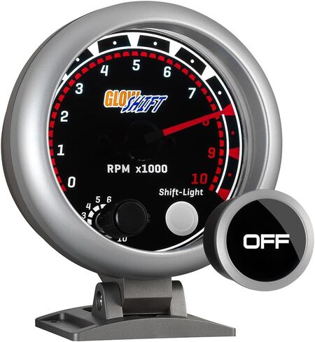 GlowShift Tinted Series 10,000 RPM Tachometer Gauge - for 1-10 Cylinder Gas Powered Engines - Built-in Shift Light - Mounts on Dashboard - White LED Backlit - Smoked Lens - 3-3/4" 95mm in Saudi Arabia