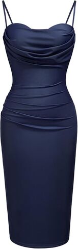 Women's Summer Cowl Neck Ruched Bodycon Midi Dress with Spaghetti Straps and Built-in Bra for Cocktail Party in Saudi Arabia