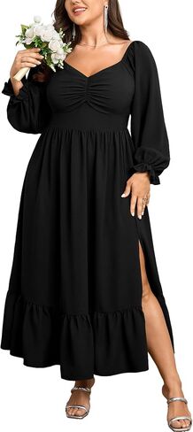 SCOMCHIC Womens Plus Size Wedding Guest Cocktail Dress Sweetheart Neckline Long Sleeve Smocked Ruffle Slit Maxi Dresses in Saudi Arabia