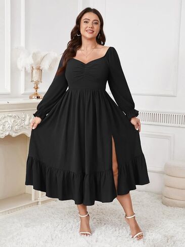 SCOMCHIC Womens Plus Size Wedding Guest Cocktail Dress Sweetheart Neckline Long Sleeve Smocked Ruffle Slit Maxi Dresses in Saudi Arabia