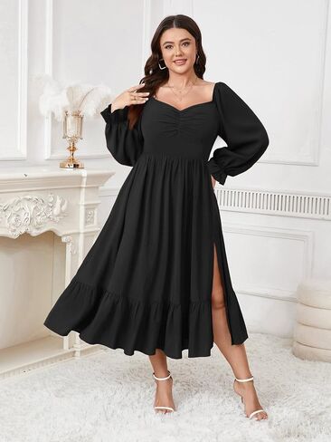SCOMCHIC Womens Plus Size Wedding Guest Cocktail Dress Sweetheart Neckline Long Sleeve Smocked Ruffle Slit Maxi Dresses in Saudi Arabia