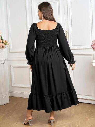 SCOMCHIC Womens Plus Size Wedding Guest Cocktail Dress Sweetheart Neckline Long Sleeve Smocked Ruffle Slit Maxi Dresses in Saudi Arabia
