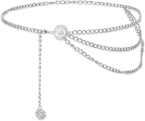 Sliver Chain Belt for Women Multilayer Metal Waist Chain Belts, Fashion Multilayer Adjustable Women Sliver Long Belt Body Belly Jewelry for Dresses Jeans Trousers in Saudi Arabia