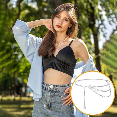 Sliver Chain Belt for Women Multilayer Metal Waist Chain Belts, Fashion Multilayer Adjustable Women Sliver Long Belt Body Belly Jewelry for Dresses Jeans Trousers in Saudi Arabia