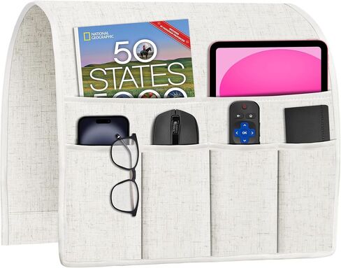 Joywell Couch Remote Holder Sofa Armrest Organizer Non Slip Arm Chair Caddie for Recliner with 6 Pocket Storage for Magazine, Tablet, Phone, iPad, Beige White in Saudi Arabia