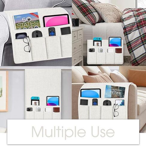 Joywell Couch Remote Holder Sofa Armrest Organizer Non Slip Arm Chair Caddie for Recliner with 6 Pocket Storage for Magazine, Tablet, Phone, iPad, Beige White in Saudi Arabia