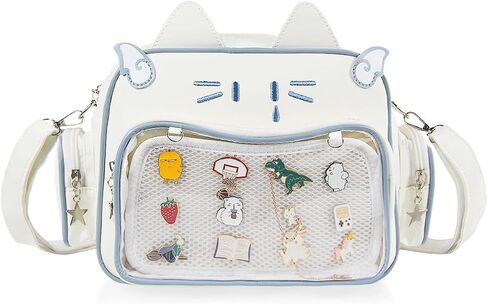 Cute Cat Ita Bag Pin Display Backpack PU Leather Preppy Backpack for School Kawaii Shoulder Crossbody Bags for Girls, Black in Saudi Arabia