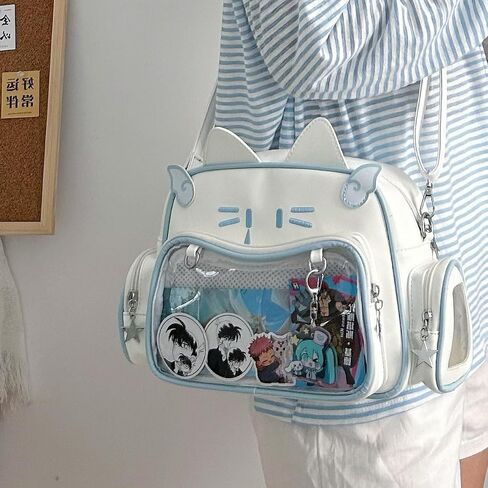 Cute Cat Ita Bag Pin Display Backpack PU Leather Preppy Backpack for School Kawaii Shoulder Crossbody Bags for Girls, Black in Saudi Arabia