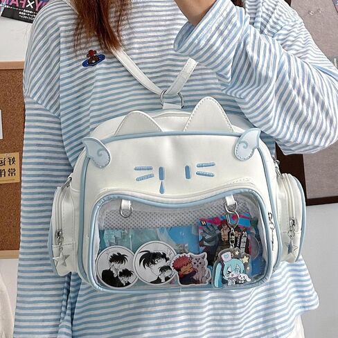 Cute Cat Ita Bag Pin Display Backpack PU Leather Preppy Backpack for School Kawaii Shoulder Crossbody Bags for Girls, Black in Saudi Arabia