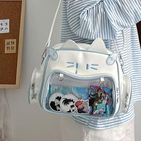 Cute Cat Ita Bag Pin Display Backpack PU Leather Preppy Backpack for School Kawaii Shoulder Crossbody Bags for Girls, Black in Saudi Arabia