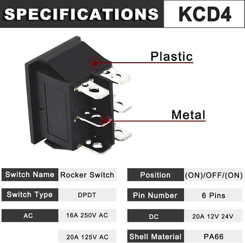 5PCS Rocker Switch 6 Pin DPDT Momentary 20A 12V 24V DC/16A 250V AC/20A 125V AC Reverse Polarity Toggle Switch Automatic Double Reset Power Switch (ON)/Off/(ON) Non-Illuminated Boat KCD4 in Saudi Arabia