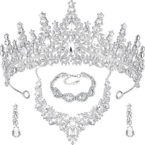 Inbagi 4 قطع Quinceanera التيجان مجموعات المجوهرات العروس زفاف كريستال الملكة التيجان حجر الراين قلادة تتدلى أقراط ربط سوار مجموعة (فضية) in Saudi Arabia