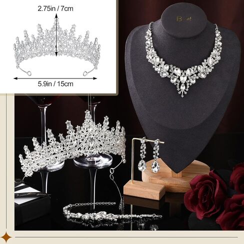 Inbagi 4 قطع Quinceanera التيجان مجموعات المجوهرات العروس زفاف كريستال الملكة التيجان حجر الراين قلادة تتدلى أقراط ربط سوار مجموعة (فضية) in Saudi Arabia
