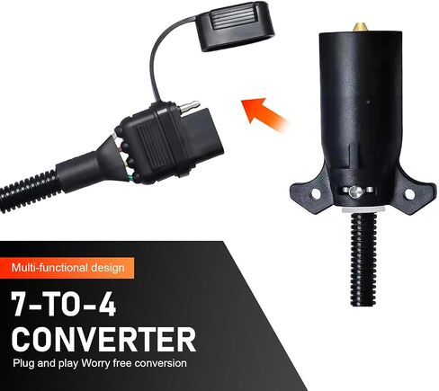 Downhill 1 PC 7 Pin to 4 Pin Trailer Connector, ABS 7 Way Blade to 4 Way Flat Trailer Plug Adapter, 220V 11.6 Inch 7 Way Round to 4 Pin Flat Wiring Connector, Universal for Most RVs (Black) in Saudi Arabia