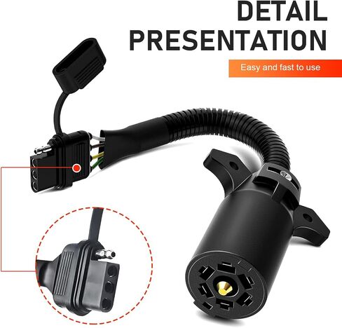 Downhill 1 PC 7 Pin to 4 Pin Trailer Connector, ABS 7 Way Blade to 4 Way Flat Trailer Plug Adapter, 220V 11.6 Inch 7 Way Round to 4 Pin Flat Wiring Connector, Universal for Most RVs (Black) in Saudi Arabia