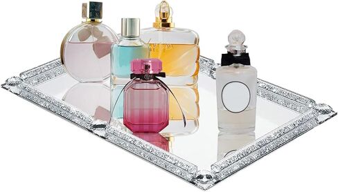 Large Crystal Glass Tray, Crushed Diamond Filled Mirror Vanity Cosmetic Makeup Tray, Sparkle Perfume Jewelry Countertop Decorative Tray, for Home Party Hotel Banquet Dresser Bathroom Bedroom(Silver) in Kuwait