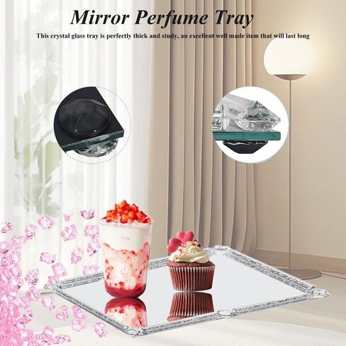 Large Crystal Glass Tray, Crushed Diamond Filled Mirror Vanity Cosmetic Makeup Tray, Sparkle Perfume Jewelry Countertop Decorative Tray, for Home Party Hotel Banquet Dresser Bathroom Bedroom(Silver) in Kuwait