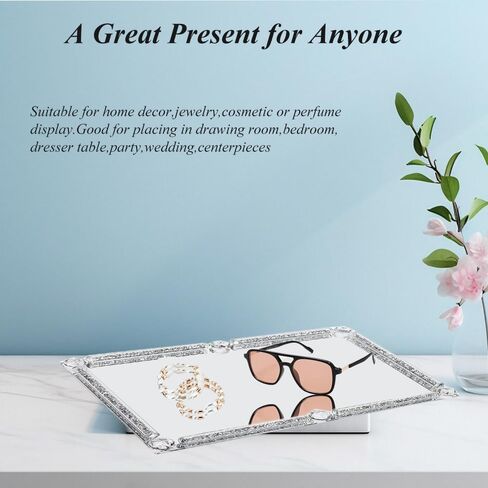 Large Crystal Glass Tray, Crushed Diamond Filled Mirror Vanity Cosmetic Makeup Tray, Sparkle Perfume Jewelry Countertop Decorative Tray, for Home Party Hotel Banquet Dresser Bathroom Bedroom(Silver) in Kuwait