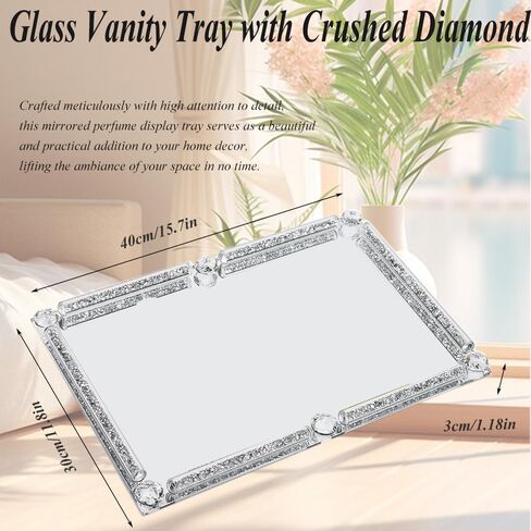 Large Crystal Glass Tray, Crushed Diamond Filled Mirror Vanity Cosmetic Makeup Tray, Sparkle Perfume Jewelry Countertop Decorative Tray, for Home Party Hotel Banquet Dresser Bathroom Bedroom(Silver) in Kuwait