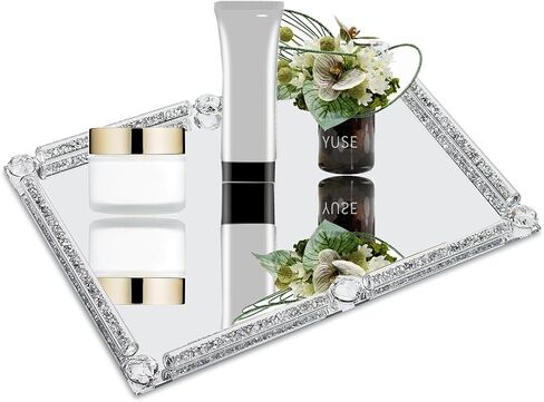 Large Crystal Glass Tray, Crushed Diamond Filled Mirror Vanity Cosmetic Makeup Tray, Sparkle Perfume Jewelry Countertop Decorative Tray, for Home Party Hotel Banquet Dresser Bathroom Bedroom(Silver) in Kuwait