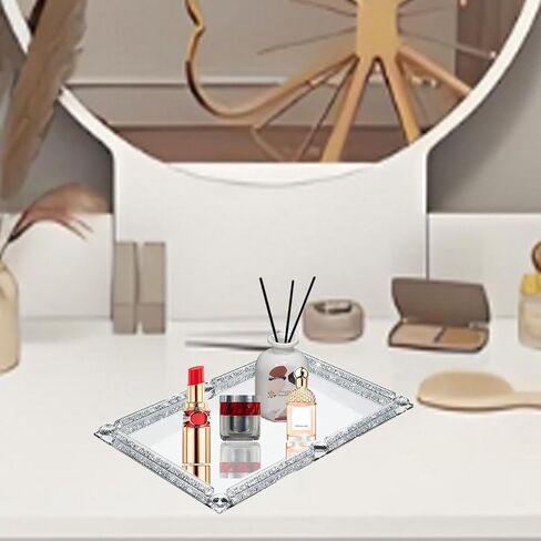 Large Crystal Glass Tray, Crushed Diamond Filled Mirror Vanity Cosmetic Makeup Tray, Sparkle Perfume Jewelry Countertop Decorative Tray, for Home Party Hotel Banquet Dresser Bathroom Bedroom(Silver) in Kuwait
