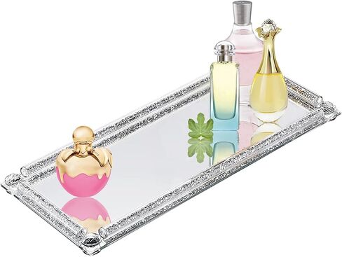 Large Crystal Glass Tray, Crushed Diamond Filled Mirror Vanity Cosmetic Makeup Tray, Sparkle Perfume Jewelry Countertop Decorative Tray, for Home Party Hotel Banquet Dresser Bathroom Bedroom(Silver) in Kuwait