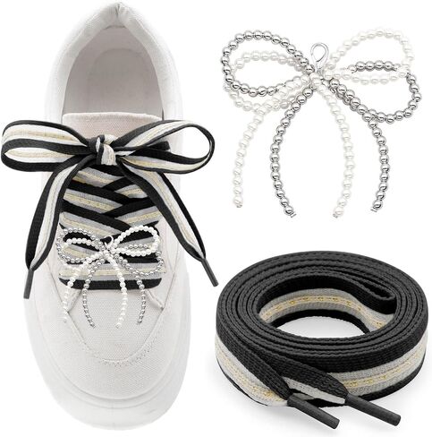 YJRVFINE Flat Striped Shoe Laces: 1 Pair Women Sneakers Shoelaces with 2 Pearl Bows Charms in Saudi Arabia