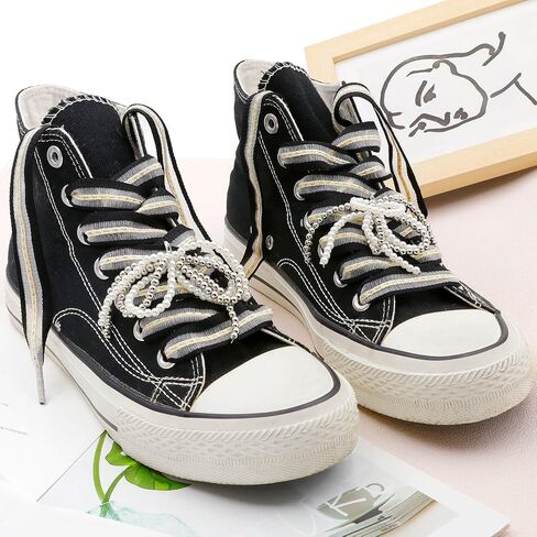 YJRVFINE Flat Striped Shoe Laces: 1 Pair Women Sneakers Shoelaces with 2 Pearl Bows Charms in Saudi Arabia