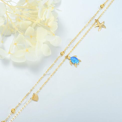 Solid 14K Gold Sea Turtle Anklet for Women,14kt Real Gold Blue Opal Sea Starfish Anklet Summer Beach Foot Jewelry Gifts for Wife Mom Christmas Birthday, 8''+2'' in Saudi Arabia