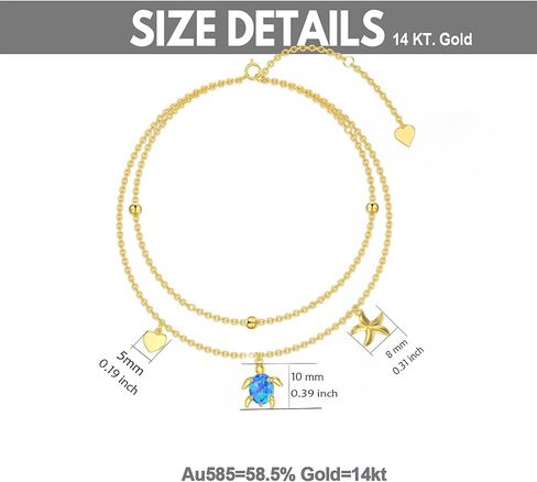 Solid 14K Gold Sea Turtle Anklet for Women,14kt Real Gold Blue Opal Sea Starfish Anklet Summer Beach Foot Jewelry Gifts for Wife Mom Christmas Birthday, 8''+2'' in Saudi Arabia
