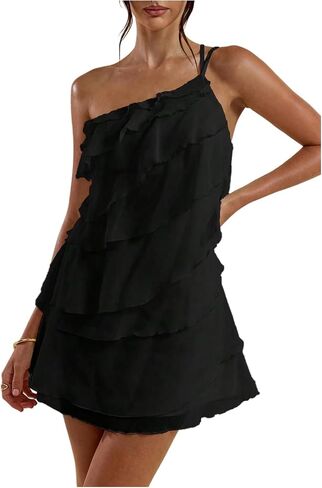 SOLY HUX Women's One Shoulder Ruffle Mesh Mini Dress Layered Backless Vacation Party Sundresses in Saudi Arabia