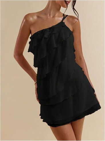 SOLY HUX Women's One Shoulder Ruffle Mesh Mini Dress Layered Backless Vacation Party Sundresses in Saudi Arabia