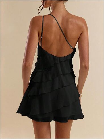 SOLY HUX Women's One Shoulder Ruffle Mesh Mini Dress Layered Backless Vacation Party Sundresses in Saudi Arabia
