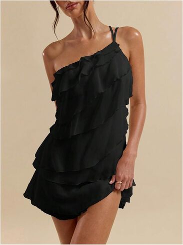 SOLY HUX Women's One Shoulder Ruffle Mesh Mini Dress Layered Backless Vacation Party Sundresses in Saudi Arabia