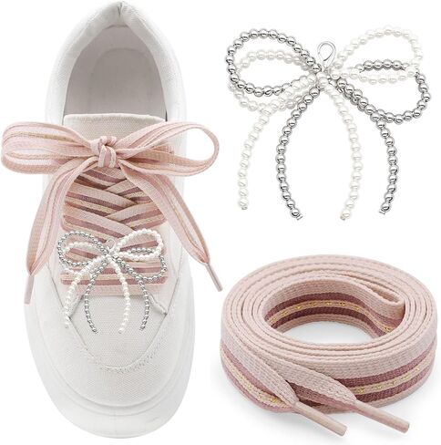 YJRVFINE Flat Striped Shoe Laces: 1 Pair Women Sneakers Shoelaces with 2 Pearl Bows Charms in Saudi Arabia