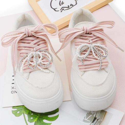 YJRVFINE Flat Striped Shoe Laces: 1 Pair Women Sneakers Shoelaces with 2 Pearl Bows Charms in Saudi Arabia