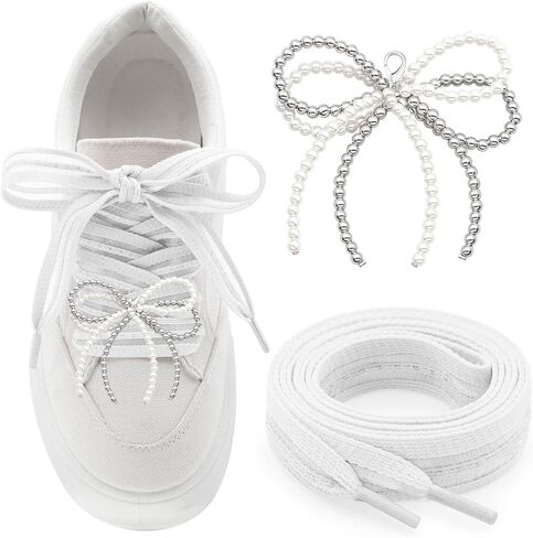 YJRVFINE Flat Striped Shoe Laces: 1 Pair Women Sneakers Shoelaces with 2 Pearl Bows Charms in Saudi Arabia