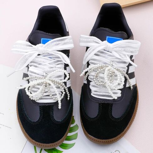 YJRVFINE Flat Striped Shoe Laces: 1 Pair Women Sneakers Shoelaces with 2 Pearl Bows Charms in Saudi Arabia