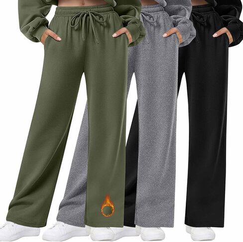 3 Pack Womens Fleece Lined Sweatpants Straight Leg Thermal Baggy Lounge Pants Elastic Waist Joggers with Pockets in Kuwait