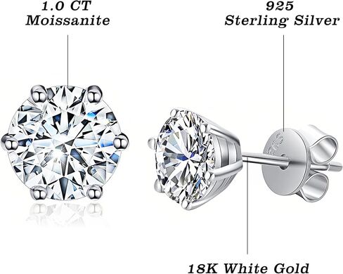Moissanite Stud Earrings, D Color VVS1 18K White Gold Plated 925 Sterling Silver Earrings, Hypoallergenic Studs Earring for Women Men in Kuwait