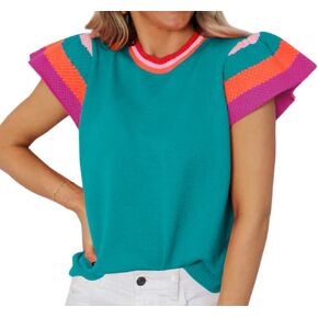Women Trendy Ruffle Cap Sleeve Sweater Summer Lightweight Color Block Going Out Crew Neck Knit Sweater Tops in Kuwait
