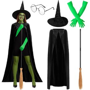 mepase 5 قطع هالوين الأخضر الساحرة زي الملحقات تشمل عباءة سوداء الرأس قبعة الساحرة نظارات وقفازات مكنسة للنساء الكبار هالوين فيلم تأثيري الدعائم دور اللعب حزب ملابس الدعائم in Kuwait