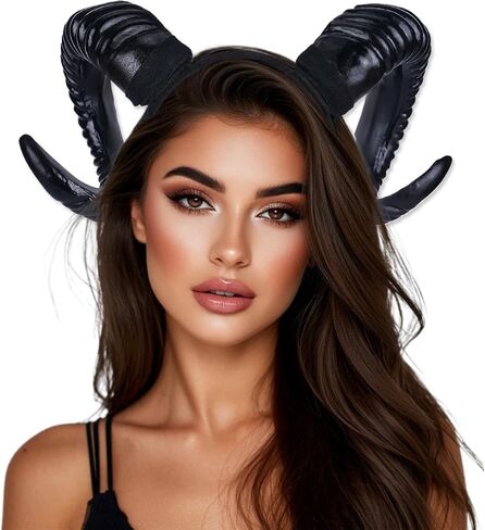 Devil Horns Headband Black Demon Sheep Hair Accessories Horn Realistic Halloween Party Masquerade Decorations Adult Renaissance Photoshoot Supplies in Saudi Arabia