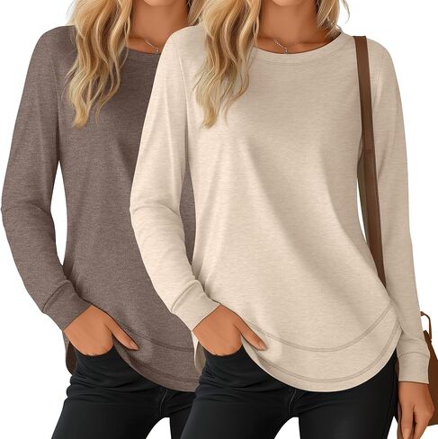 Riyiper 2 حزمة من البلوزات النسائية ذات الرقبة الدائرية، قمصان كاجوال بأكمام طويلة فضفاضة تناسب تونيك ناعم، تي شيرت أساسي عادي in Kuwait