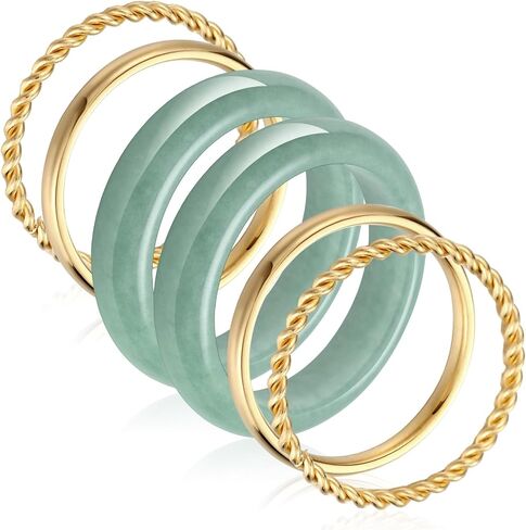 Tondiamo 6 Pcs Jade Stackable Rings with Gold Plated Stainless Steel Rings Set for Women Nature Jadeite Genuine Aventurine Good Luck Healing Gemstone Jewelry Gifts for Women, Size 5-11 in Saudi Arabia